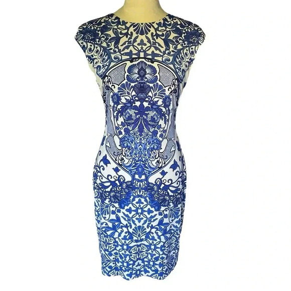 Boston Proper China Lattice Sheath Floral Blue White Mini Dress Women Size 10 - Picture 3 of 7